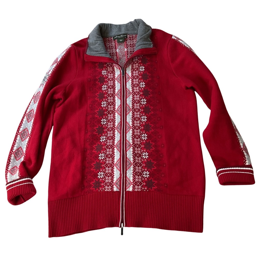 Eddie Bauer Womens Red Fair Isle Full Zip Nordic Snowflake‎ Sweater Mock Neck L